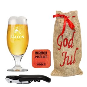 Weihnachtsgeschenkpaket mit Öffner, Pastillen & Falcon Bierglas 40 cl