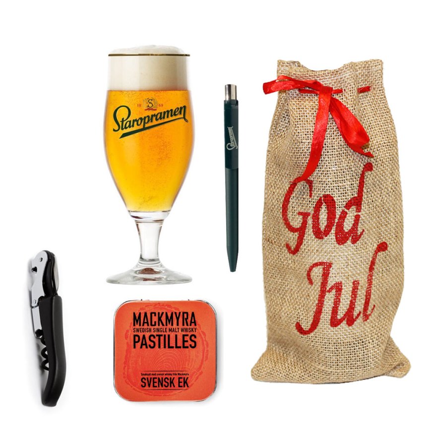 Weihnachtsgeschenkpaket Öffner, Pastillen, Stift und Staropramen-Bierglas