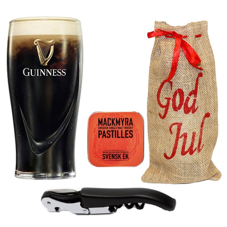 Weihnachtsgeschenkpaket mit Öffner, Pastillen und Guinness Bierglas Relief