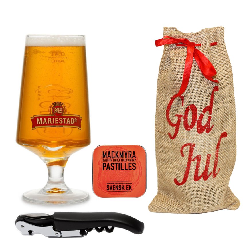 Weihnachtsgeschenkpaket mit Öffner, Pastillen & Mariestad Bierglas 40 cl