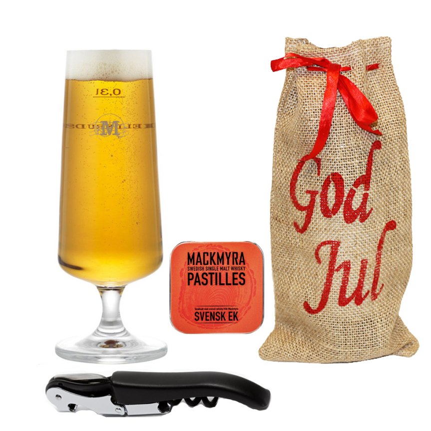 Weihnachtsgeschenkpaket mit Öffnern, Pastillen und Mellerud-Bierglas.