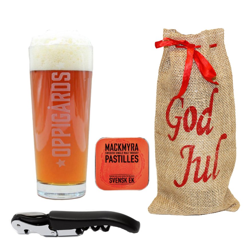 Weihnachtsgeschenkpaket mit Öffner, Pastillen und Oppigårds Bierglas 40 cl.