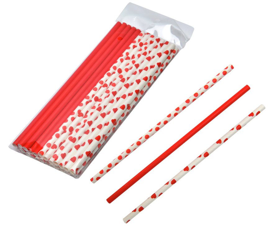 Papperssugrör röd/vit med 3 olika motiv 24-pack